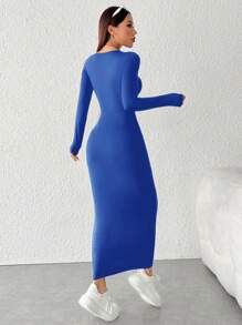 SHEIN PETITE Women's Autumn Solid Color Round Neck Long Sleeve Maxi Fitted Elegant Dress