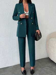 EURMUSE Women's Green Blazer And Pants Suit Sets - Green - View 3