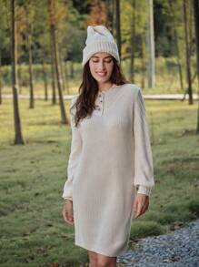 LanaWest Váy len dệt kim tối giản màu trơn, thường ngày cho mùa thu/đông - Màu be - Xem 6