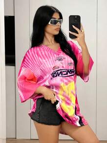 SHEIN ICON V 领全印花休闲运动短款运动足球袖 T 恤外出上衣女士运动衫 - 彩色 - 查看 4