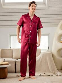 SHEIN 2 件套男士简约马球领纽扣短袖上衣和长裤睡衣套装 - 酒紅色 - 查看 6