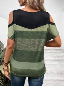 SHEIN LUNE 女士休闲条纹撞色露肩蝙蝠袖 T 恤，夏季图案 T 恤女式上衣 - 軍綠色 - 查看 2