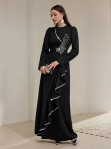 Veilorie Women's Elegant Puff Sleeve Ruffle Trim Dress With Sequins And Beads Decor Modest - Black - View 3