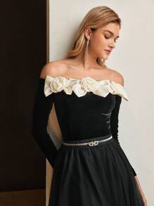 MOTF Soiréza VELVET CONTRAST STEREO FLOWER BOW DETAIL OFF SHOULDER SLIM FIT PARTY TOP - Black and White - View 2
