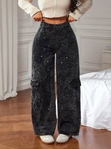 SHEIN ICON Women's Streetwear Solid Color Flap Pockets Loose Work Utility Baggy Wide Leg Jeans
