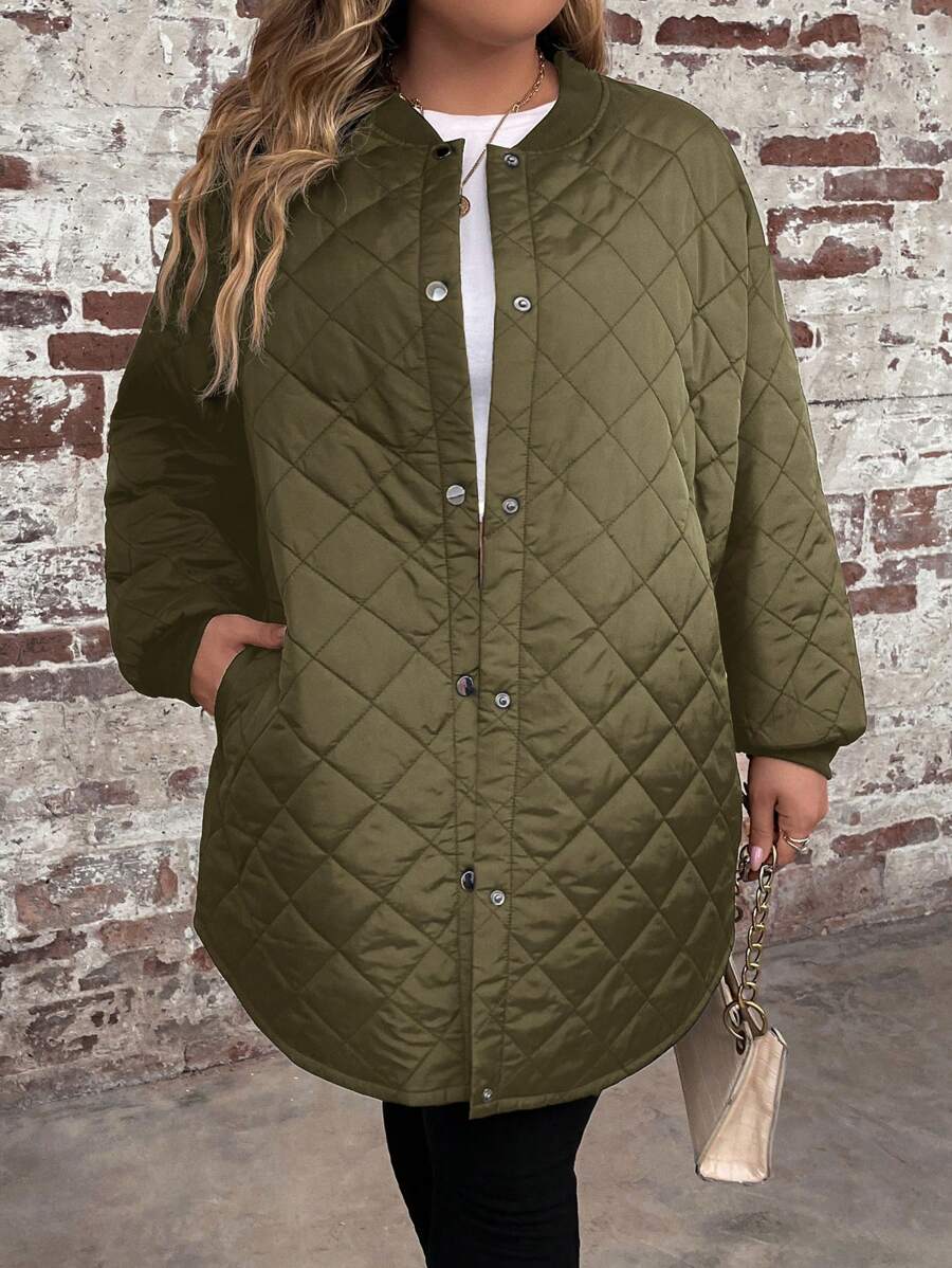 SHEIN CURVE+ Curve Plus 斜口袋棒球领弧形下摆绗缝外套，冬季 - 軍綠色 - 查看 1