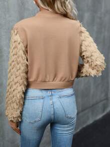 SHEIN LUNE Áo khoác ngắn tua rua tối giản màu trơn cho nữ có khóa kéo - Màu Khaki - Xem 2