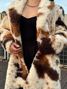 Calvaya Plus Size Fluffy Long Sleeve Mid-Length Coat With Sheep Pattern - Multicolor - View 7