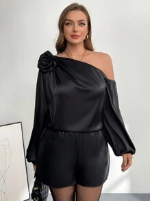 SHEIN Privé 大码女装时尚沙滩装秋季女装圣诞节女装派对女装正式夏季上衣，感恩节女装衬衫优雅职业商务休闲女装通勤优雅休闲立体大花黑色缎面不对称领长袖衬衫女式上衣 - 黑色 - 查看 6