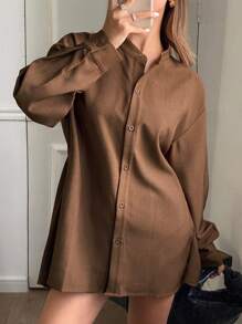 Livesso 女士休闲纯色长袖立领二合一长款宽松衬衫，春季、秋季服装，返校服装