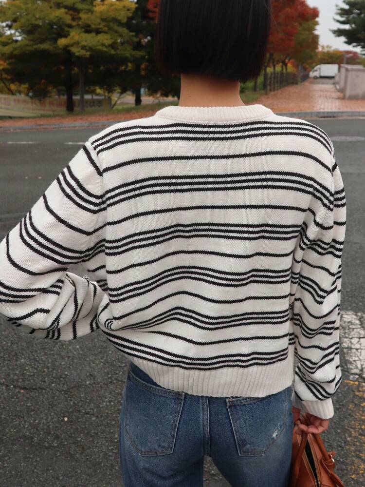 1pc Women Loose Fit Round Neck Long Sleeve Cardigan With Letter Embroidery & Contrast Color,Fall Women Clothes