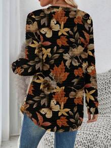 SHEIN LUNE Women's Floral Print Crew Neck Plaid Casual White Comfortable Sweatshirt With Curved Hem, Suitable For Autumn/Winter - Multicolor - View 2