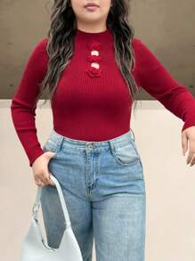SHEIN Clasi Große Größen Rundhals Langarm Lässig Pullover Sweater mit 3D Blumen Dekor Strickpullover für Herbst und Winter - Rot - Übersicht 5