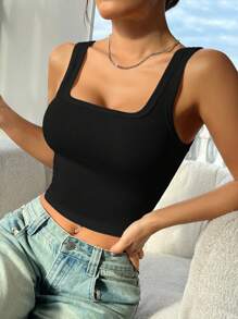 SHEIN EZwear 休闲百搭纯色修身短款背心 - 黑色 - 查看 4