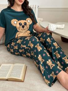 Cartoon Bear Print Short Sleeve Pajama Set With Pants - Multicolor - View 2