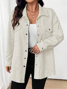 SHEIN LUNE 大码时尚简约翻领纽扣夹克，适合秋冬季 - 米色 - 查看 6