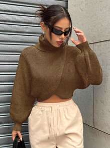 SHEIN Unity 1pc Women Solid Color Turtleneck Criss-Cross Wrap Long Sleeve Casual Sweater Knit Pullover Fall Winter Outfit
