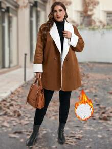 SHEIN LUNE Plus Size Faux Shearling Button Up Jacket, Contrasting Colors, Suitable For Winter