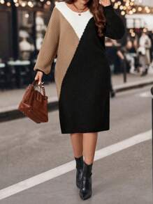 SHEIN LUNE Plus Size Women Colorblock Round Neck Lantern Sleeve Loose Knit Sweater Dress, Autumn/Winter - Multicolor - View 6