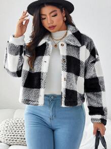 SHEIN LUNE 大码格子羊毛夹克冬季女装度假装 - 黑與白 - 查看 6