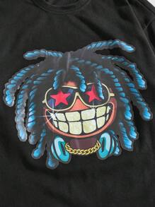 ROMWE MEN Street Life Camiseta holgada de hombre de manga doble capa con estampado de dibujos animados para otoño