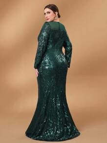 SHEIN Belle 加大码深绿色奢华花卉亮片长袖手工串珠装饰优雅华丽美人鱼新娘母亲礼服正式晚礼服 - 綠色 - 查看 6