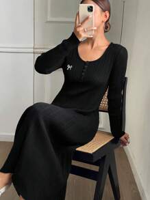 DAZY 蝴蝶图案针织长袖修身毛衣裙，女式秋季服装 - 黑色 - 查看 7