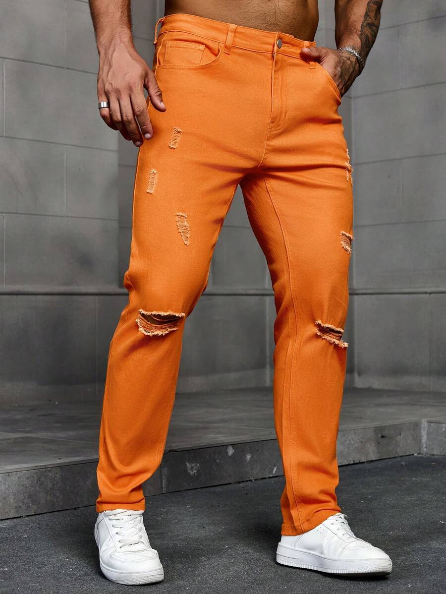 Manfinity Homme Men Casual Street Solid Color Distressed Denim Jeans