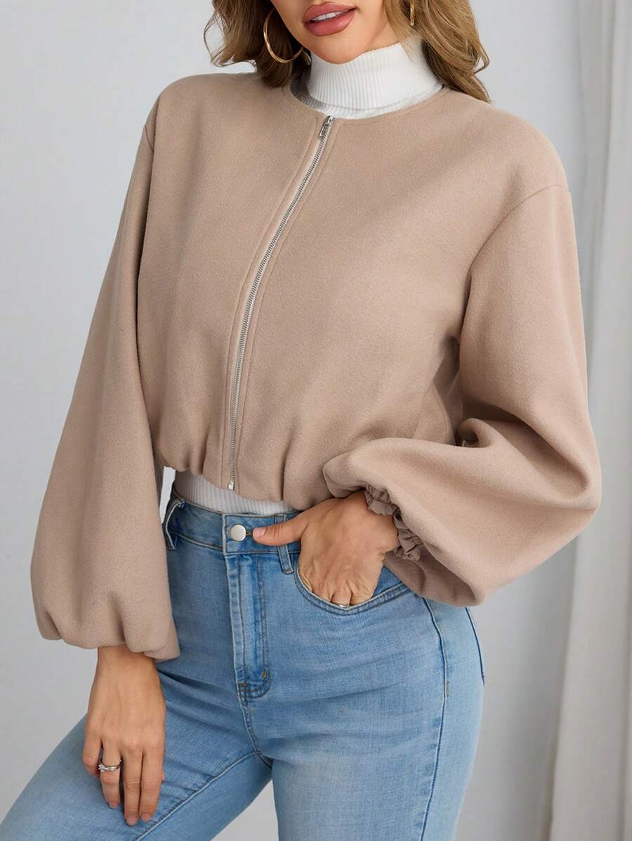 SHEIN EZwear Áo khoác ngắn tay dài cổ tròn dệt trơn màu giản dị dành cho nữ - Màu Khaki - Xem 1