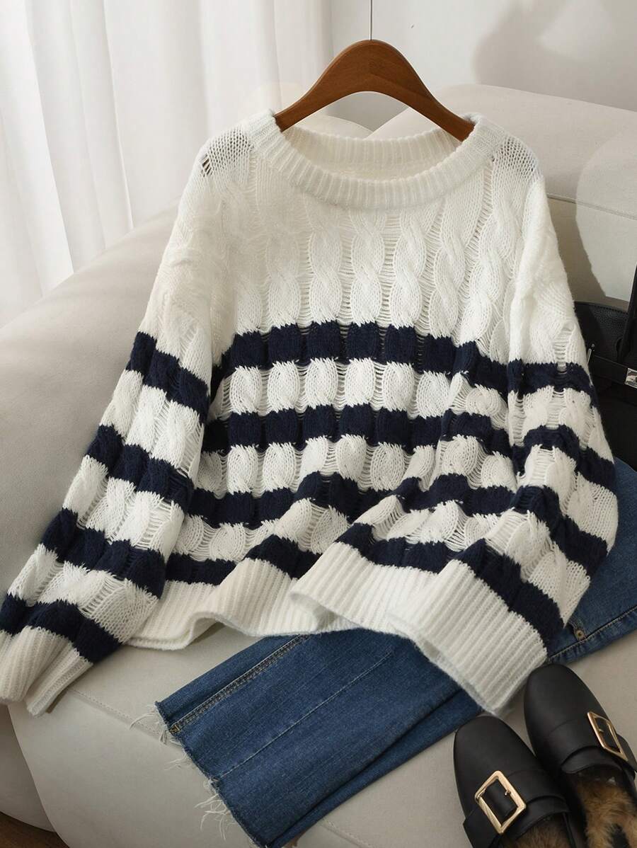 SHEIN Frenchy Plus Size Women Striped Round Neck Drop Shoulder Long Sleeve Casual Knit Pullover Sweter Jesień