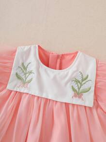 Souflis Souflis Baby Girl Dress Mesh Princess Dress With Floral Embroidery, Bubble Sleeves, Hidden Zipper, Lovely & Sweet Style, Soft And Retro, Suitable For Spring And Summer