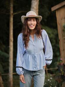 LanaWest 休闲假日风格撞色蓝白条纹拼布灯笼袖衬衫荷叶边上衣