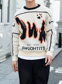 Manfinity Hypemode 男士休闲撞色字母图案针织毛衣，秋冬 - 彩色 - 查看 3