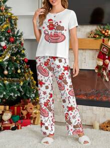 SHEIN Essnce 2pcs Women's Casual All-Over Print Short Sleeve T-Shirt And Ankle Pants Set