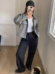 DAZY 1pc Women's Solid Color Loose Long Sleeve Zipper Collar Jacket,Fall Women Clothes Women Coats - Grey - View 5