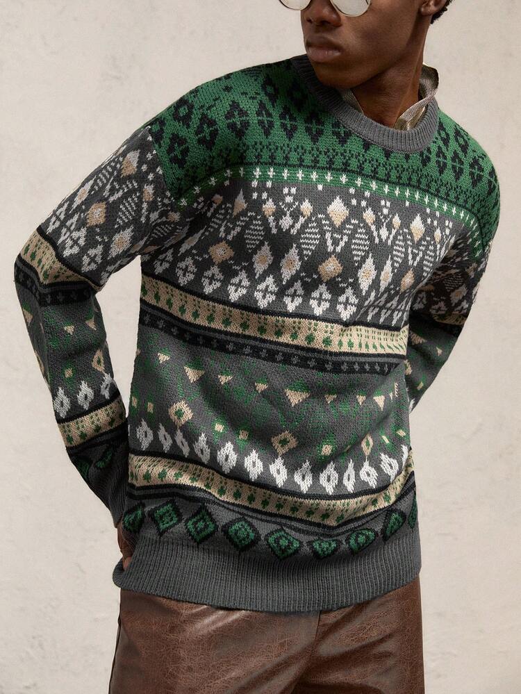 Men's Knitted Round Neck Loose Casual Long Sleeve Sweater, Suitable For Autumn, For Fall Winter, For Christmas