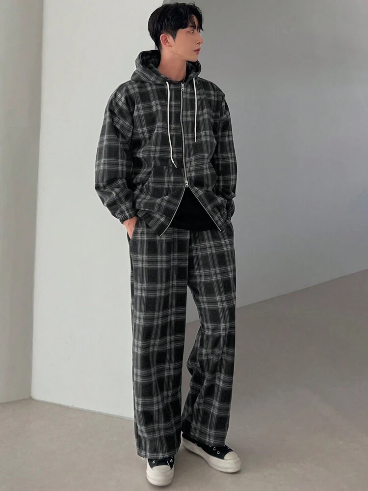 Men's Plaid Print Hooded Zipper Front Long Sleeve Jacket And Pockets Sweatpants Set,Fall Clothes