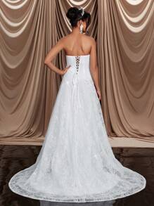 Glamrae 优雅奢华米色露肩缎面拼布亮片蕾丝花卉贴花连衣裙，带拖尾，适合婚礼、派对、单身女士派对、度假、舞会、白色新娘礼服 - 米色 - 查看 3