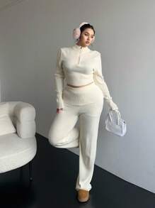 Flirla Ocazional și sexy cu talie înaltă cu fermoar Decor trunchiat pulover cu mânecă lungă pentru femei Set de comanda, modă pentru toamnă/iarnă - Bej - Vizualizare 4