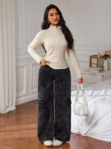 SHEIN ICON Women's Streetwear Solid Color Flap Pockets Loose Work Utility Baggy Wide Leg Jeans