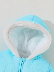 女婴休闲束腰蝴蝶结装饰口袋泰迪熊内衬轻薄长袖拉链连帽绗缝羽绒服，冬季连帽外套 - 淺藍色 - 查看 4