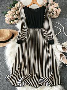 Celure 加大码纯色拼接圆领长袖简约休闲连衣裙长款女装 - 杏色 - 查看 1