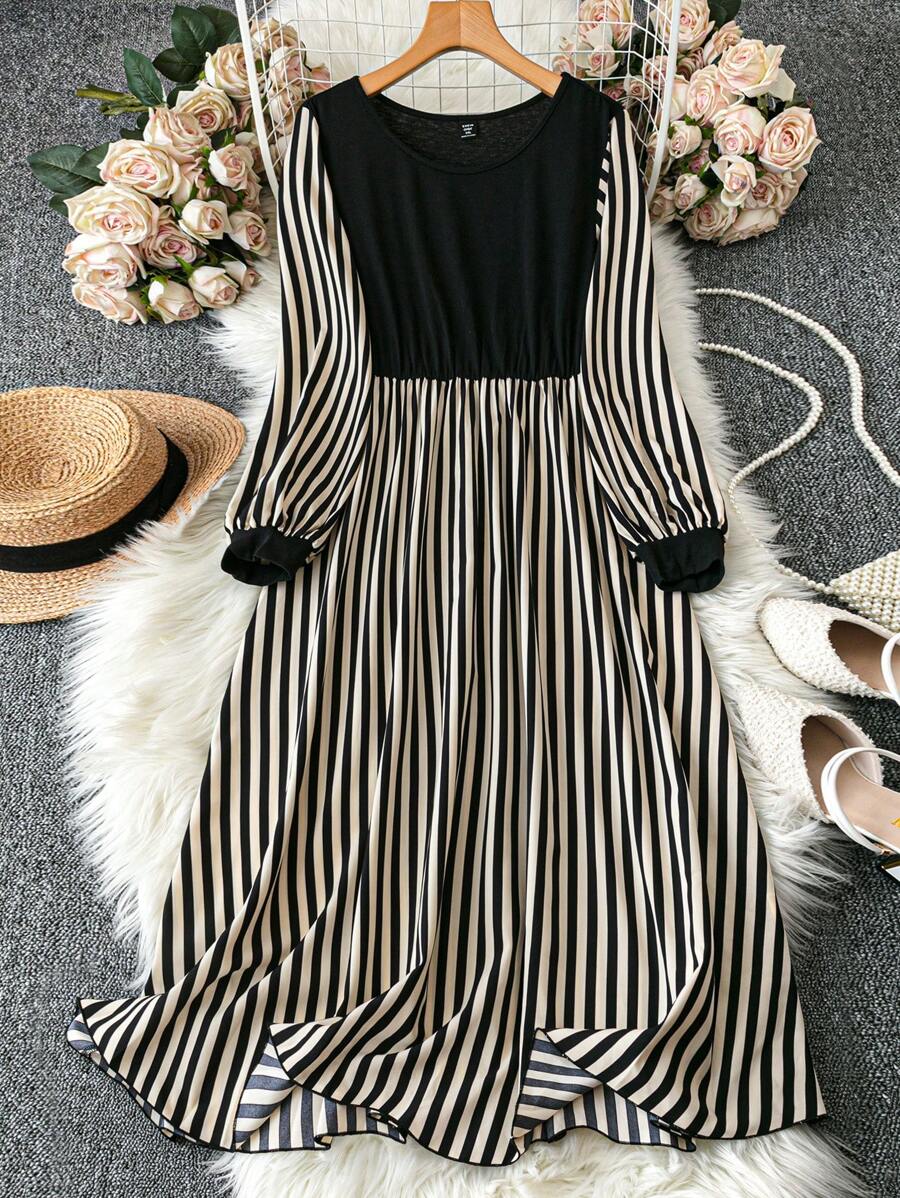 Celure 加大码纯色拼接圆领长袖简约休闲连衣裙长款女装 - 杏色 - 查看 1