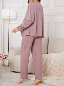 Moonlight&Mama Solid Color Loose Flared Sleeve Open Front V-Neck Maternity Lounge Suit , Cozy And Elegant Details, Clothes Outfit, Fall & Winter - Dusty Pink - View 2