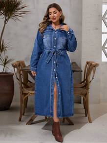 SHEIN LUNE 大码女式休闲翻盖口袋系带洗水牛仔连身裙 - 中等水洗藍 - 查看 4