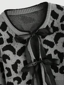 ROMWE Kawaii 女款 Y2K 豹纹蝴蝶结系带开衫，落肩长袖，秋冬款 - 彩色 - 查看 4