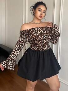 Flirla Plus Size Off Shoulder Tie-Up Ruffle Leopard Print Patchwork Flare Sleeve Elegant Dress, Suitable For Date, Party And Gathering