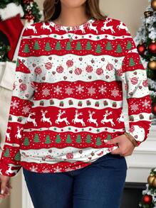 Polina Brazil Artist Plus Size Women Christmas Deer Print Loose Fit Crewneck Sweatshirt For Winter, Holiday, New Year, Vacation, Spring, Festival - Red - View 4