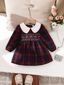SHEIN Vestido lindo de manga larga con cuello de contraste a cuadros y flores para bebé niña, para la temporada de otoño y Navidad