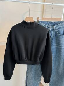 SHEIN Áo nỉ dài tay cổ đứng in chữ cho bé gái tuổi teen - màu đen - Xem 2